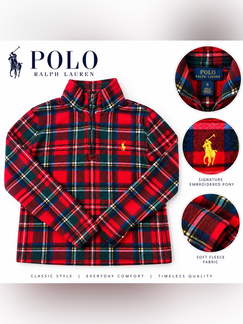 Polo Ralph Lauren Boys Size 6 Tartan Plaid Fleece Quarter Zip Holiday Pullover